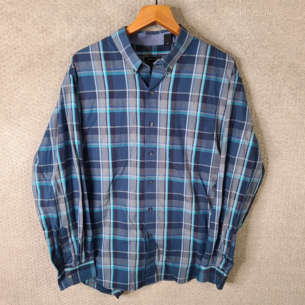 Van Heusen Shirt Mens XL Blue Plaid Classic Fit Button Down Cotton Blend Casual